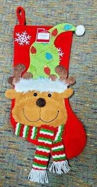 New Holiday Time REINDEER Embellished 3D Stocking Christmas Decoration 19"